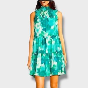 Taylor Sleeveless Turtleneck Ruffle Trim Printed A-Line Dress